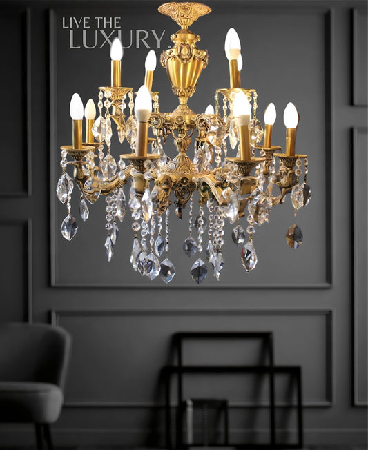 A large 12-arm brass and crystal chandelier