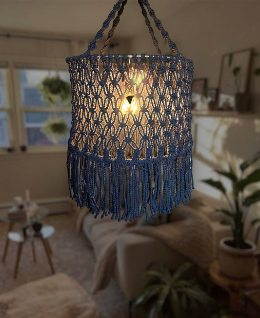Boho-style navy blue macramé chandelier