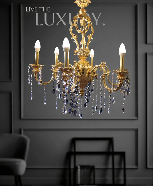 Huge brass chandelier with 21k gold plating and crystals