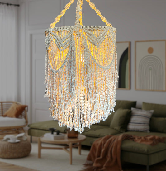 Boho-style off-white macramé chandelier